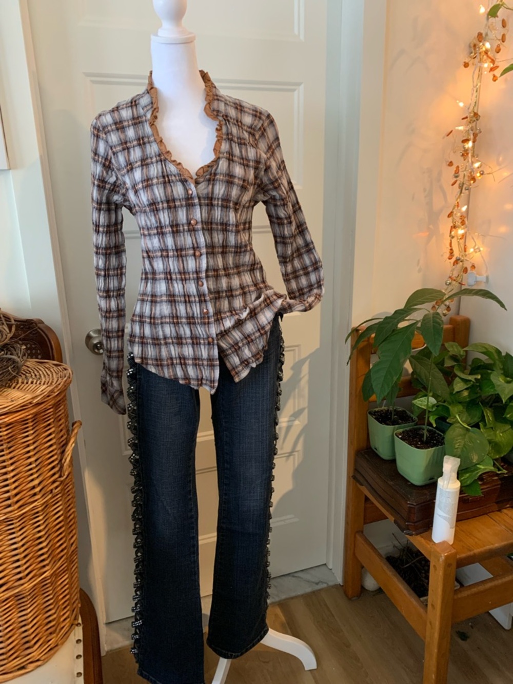 RIO SUD WOMEN's fitted Plaid Button-Up blouse in Brown & grey 100% cotton - Picture 5 of 6